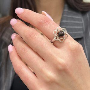 0.38Cttw Round Diamond And Tahitian Pearl Ladies Cocktail Ring 14K Gold Size 7.5